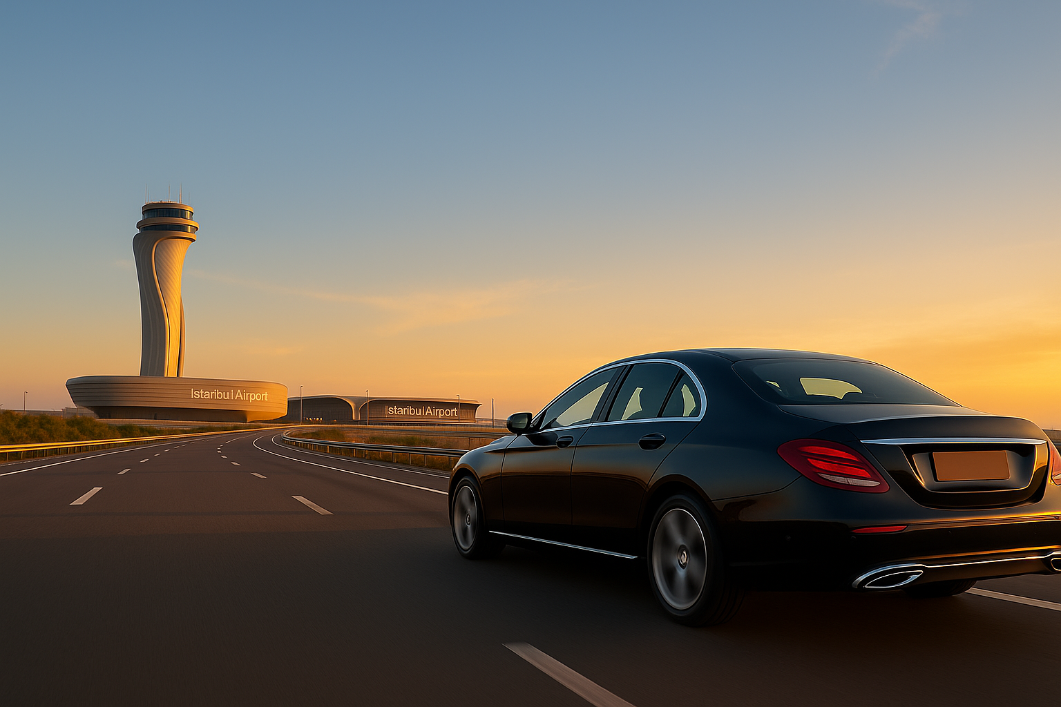 Black Mercedes car driving from Istanbul Airport at sunset, symbolizing a private transfer service